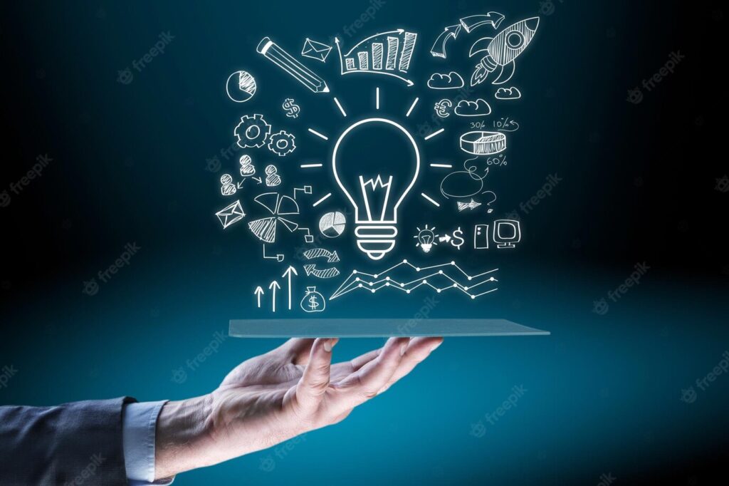 Man holding business elements icons on screen